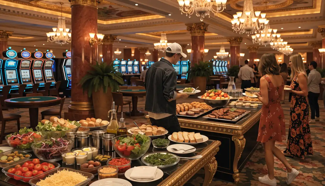 Opulent casino buffet with diverse dishes and guests serving themselves