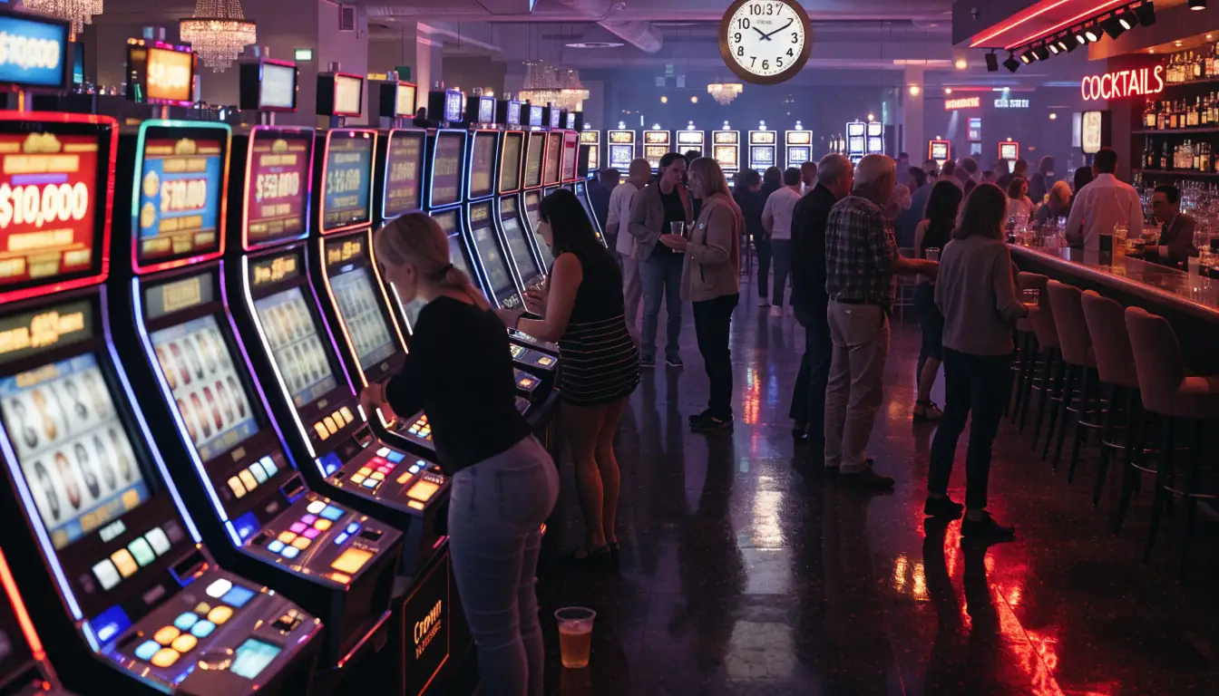 Nighttime casino floor with glowing slots, bar, and 24‑hour atmosphere