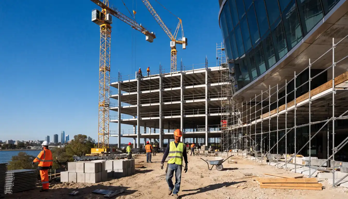 Casino construction site with cranes and scaffolding
