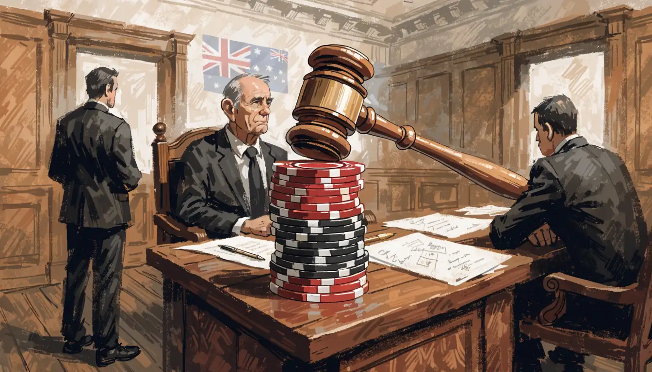 Courtroom with gavel, casino chips, and Australian flag backdrop