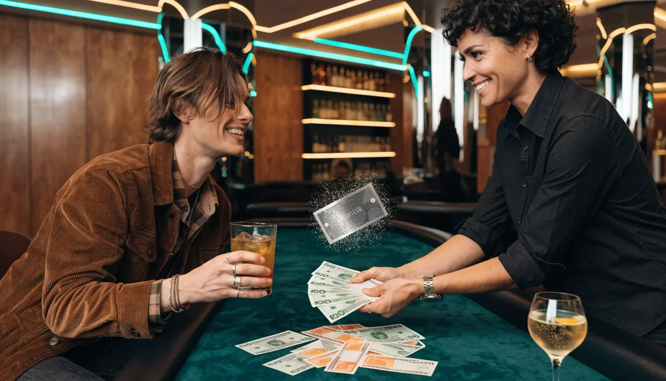 Player receiving cash payout and bonus voucher in casino lounge