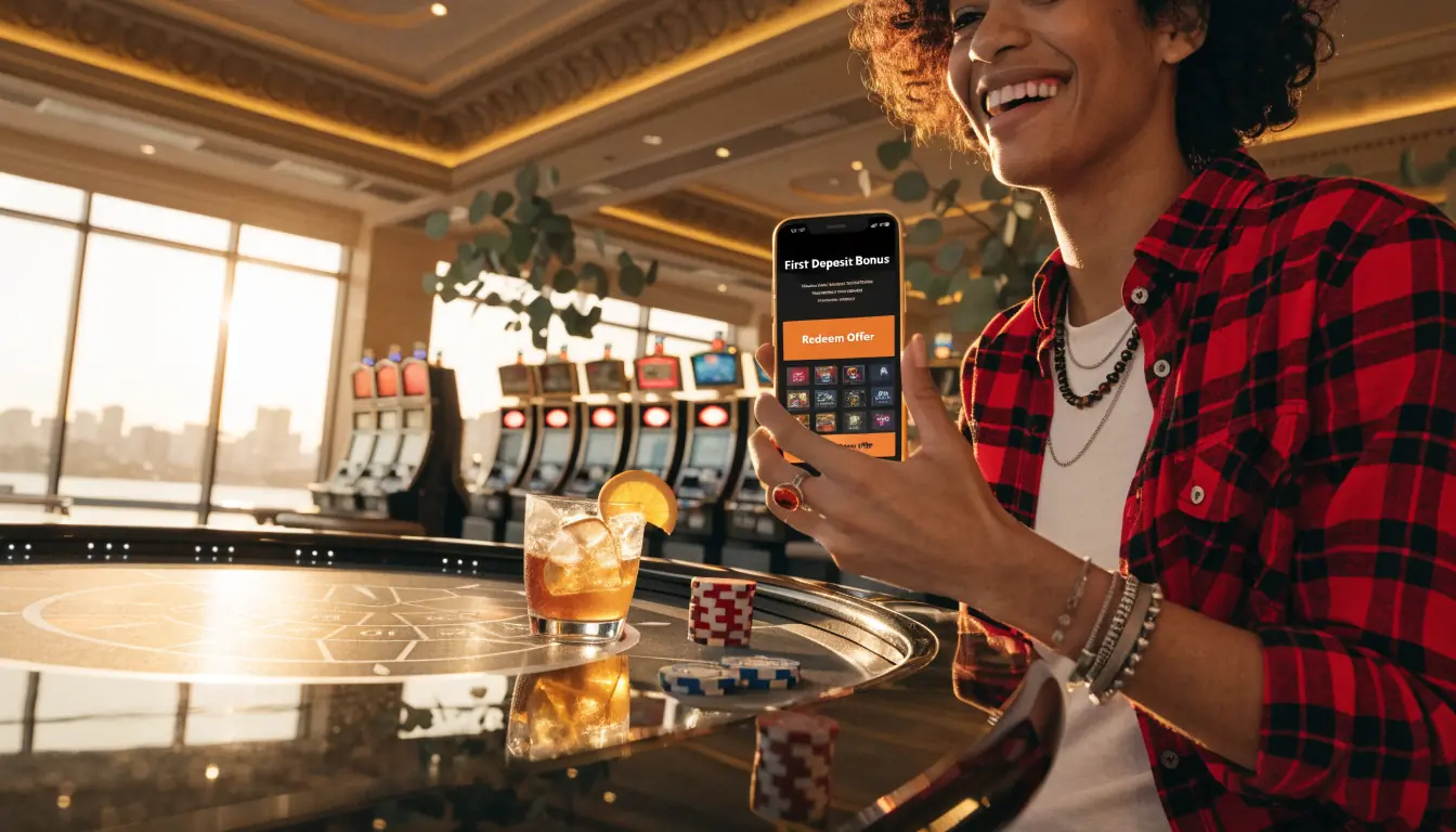 Australian casino interior with player checking bonus on phone