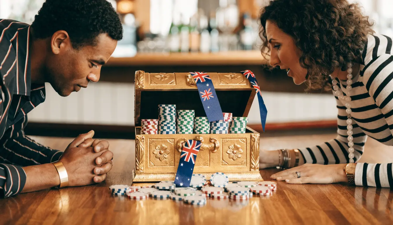 Opened treasure chest with casino chips and Australian ribbons
