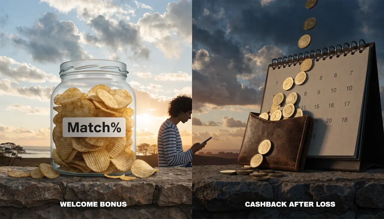 Side-by-side welcome bonus jar and cashback calendar scene