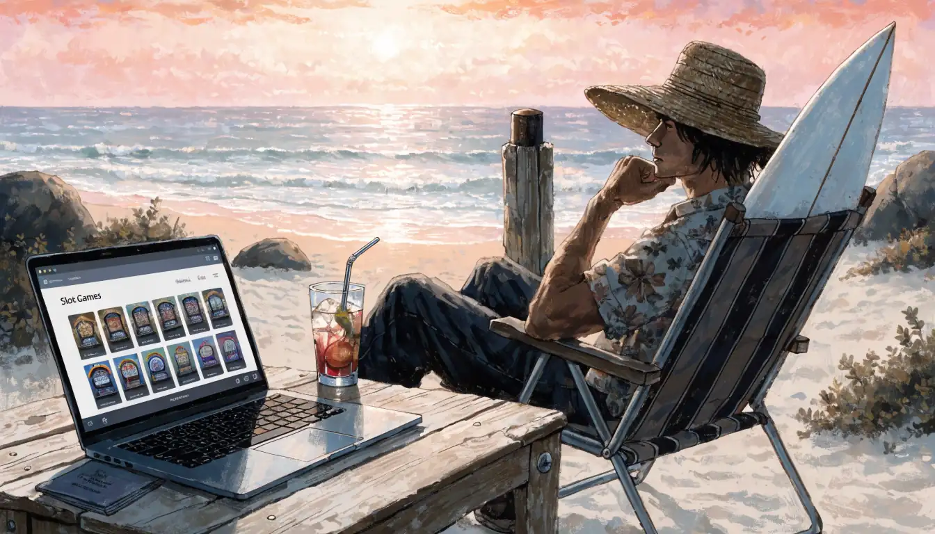 Australian beach with laptop showing generic casino game
