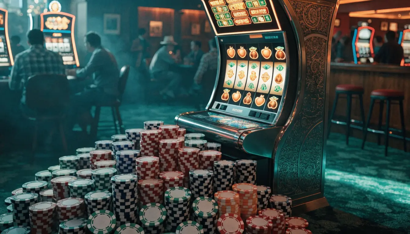 High‑roller slot machine with large chips and bright bonus effects