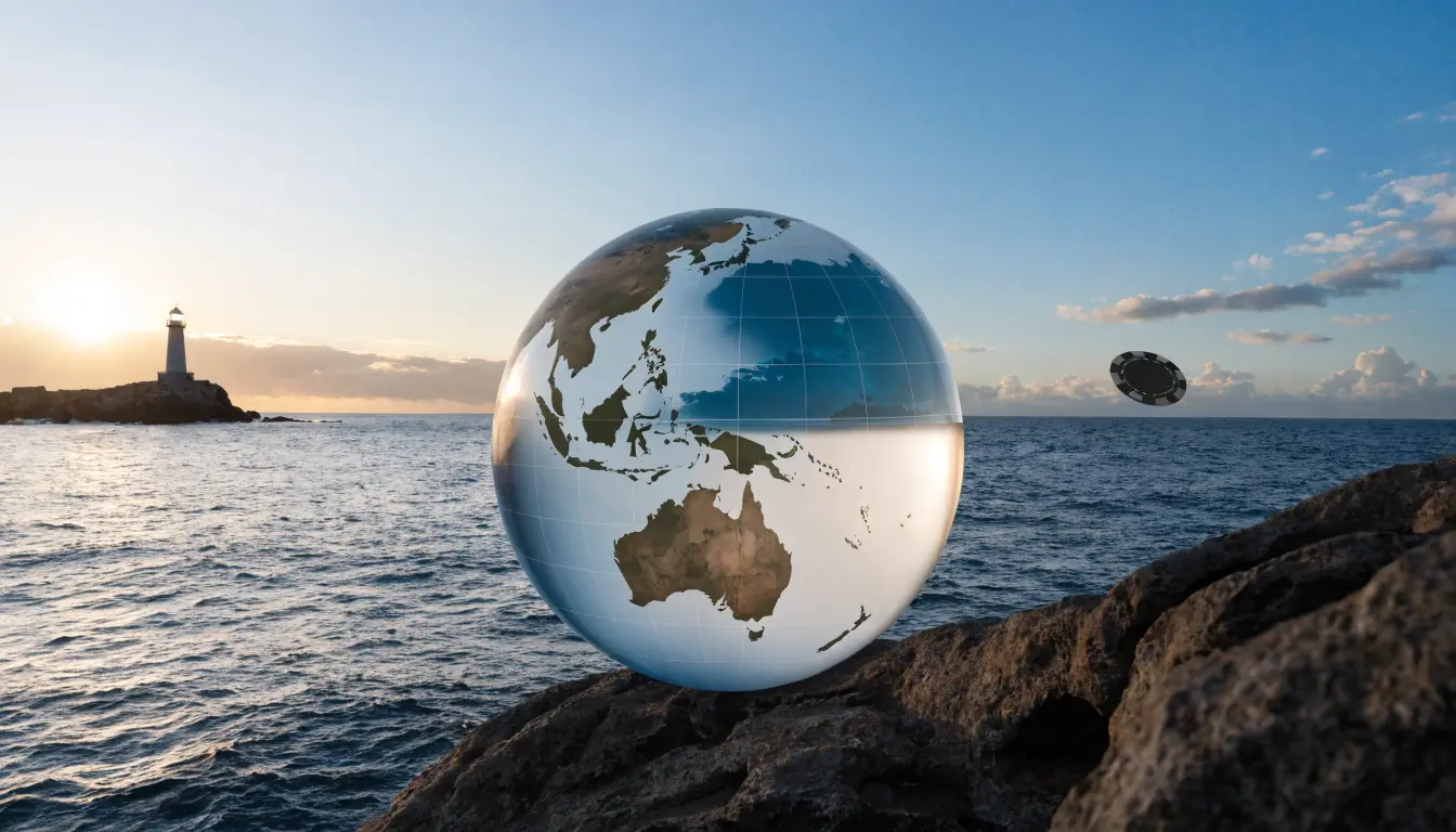 Globe over Australia with floating casino chip indicating offshore licensing