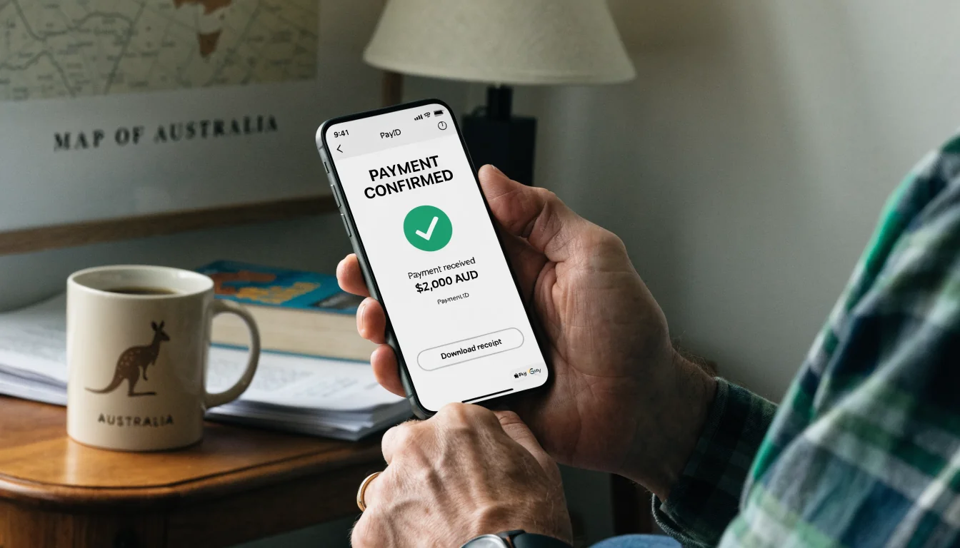 Phone showing PayID payment confirmation in Aussie setting