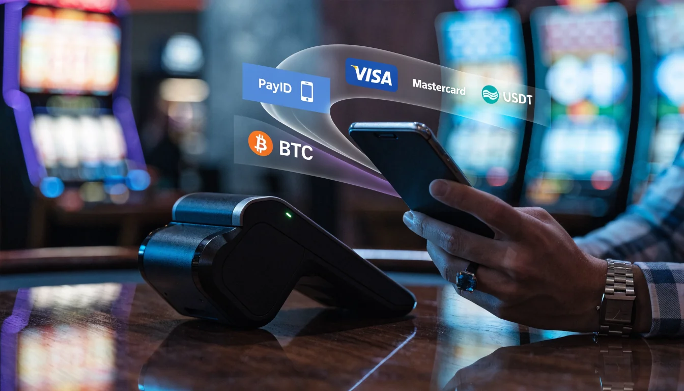 Futuristic payment terminal with holographic payment icons
