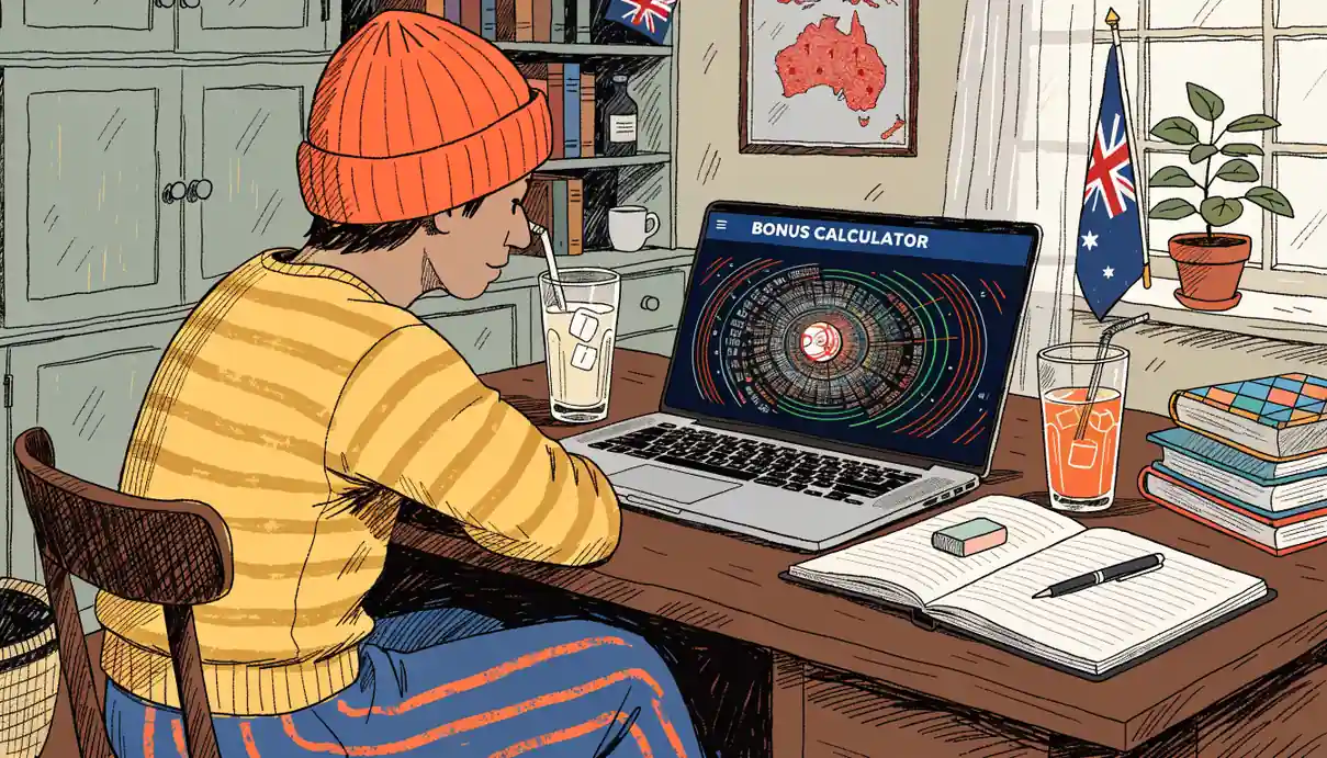 Player using laptop with bonus calculator and glowing keno ball