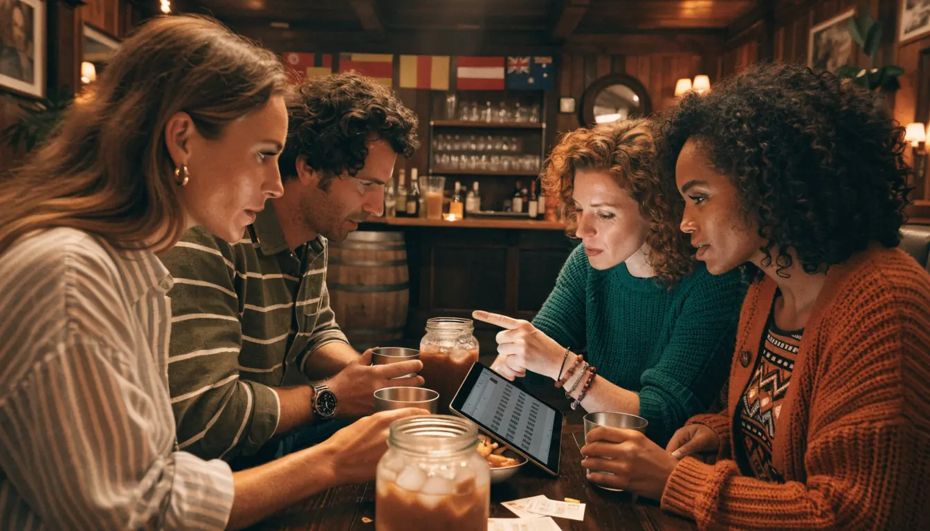 Friends playing keno on tablet in Australian pub with licensing flags