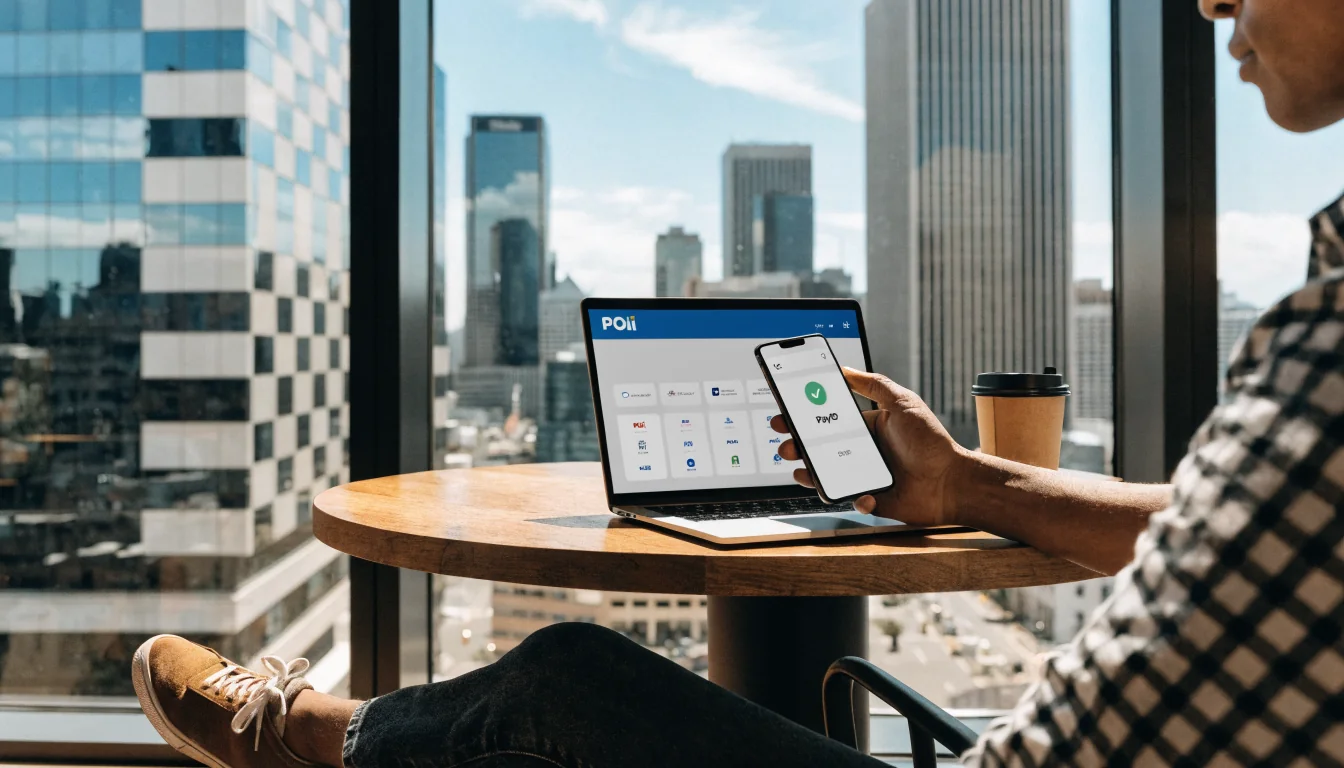 Smartphone with PayID and laptop with POLi showing fast transactions