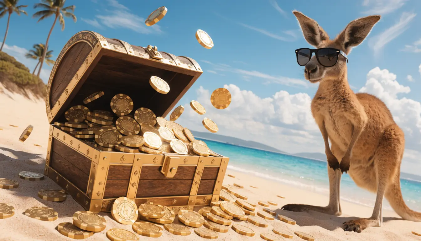 Treasure chest spilling chips on Australian beach