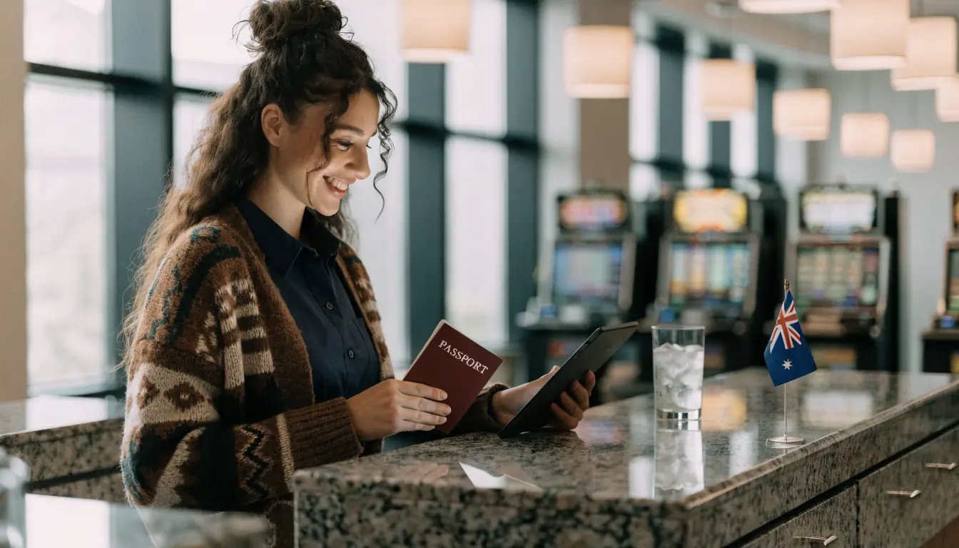 Attendant verifying passport at casino desk