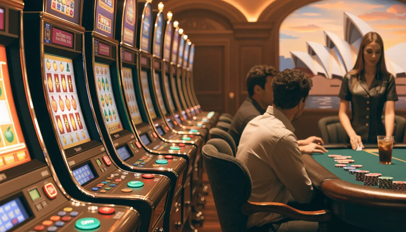 Casino interior with slots and blackjack table, Australian decor