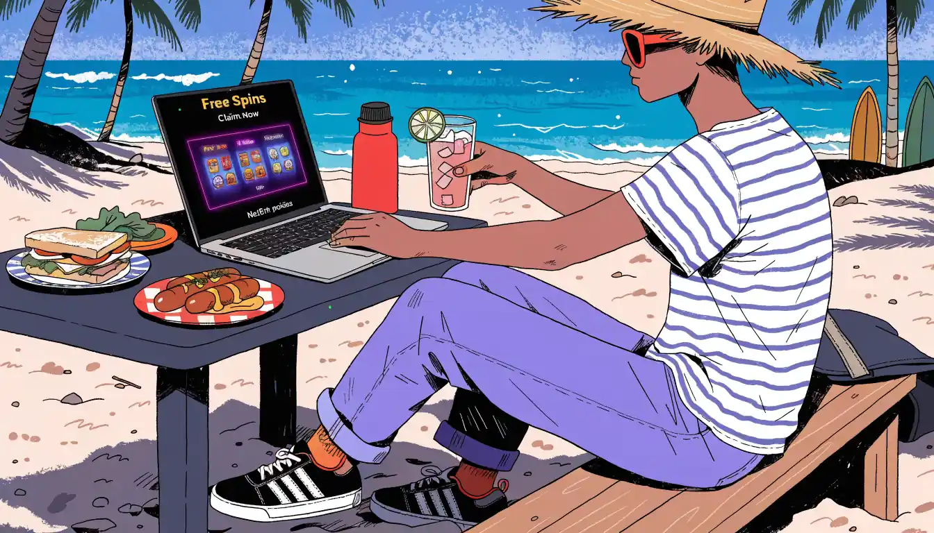 Person at beach cafe using laptop for free spins on slots