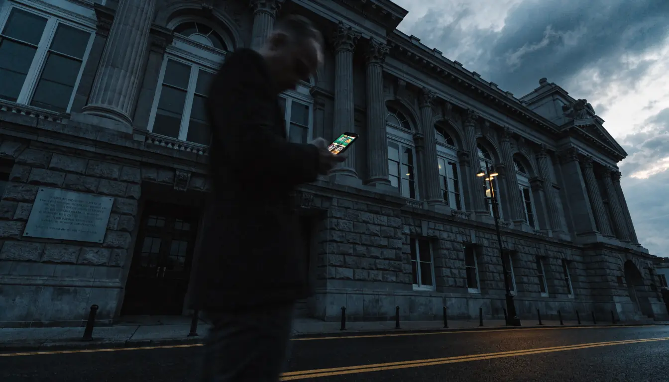 Australian courtroom exterior with person viewing slot game on phone