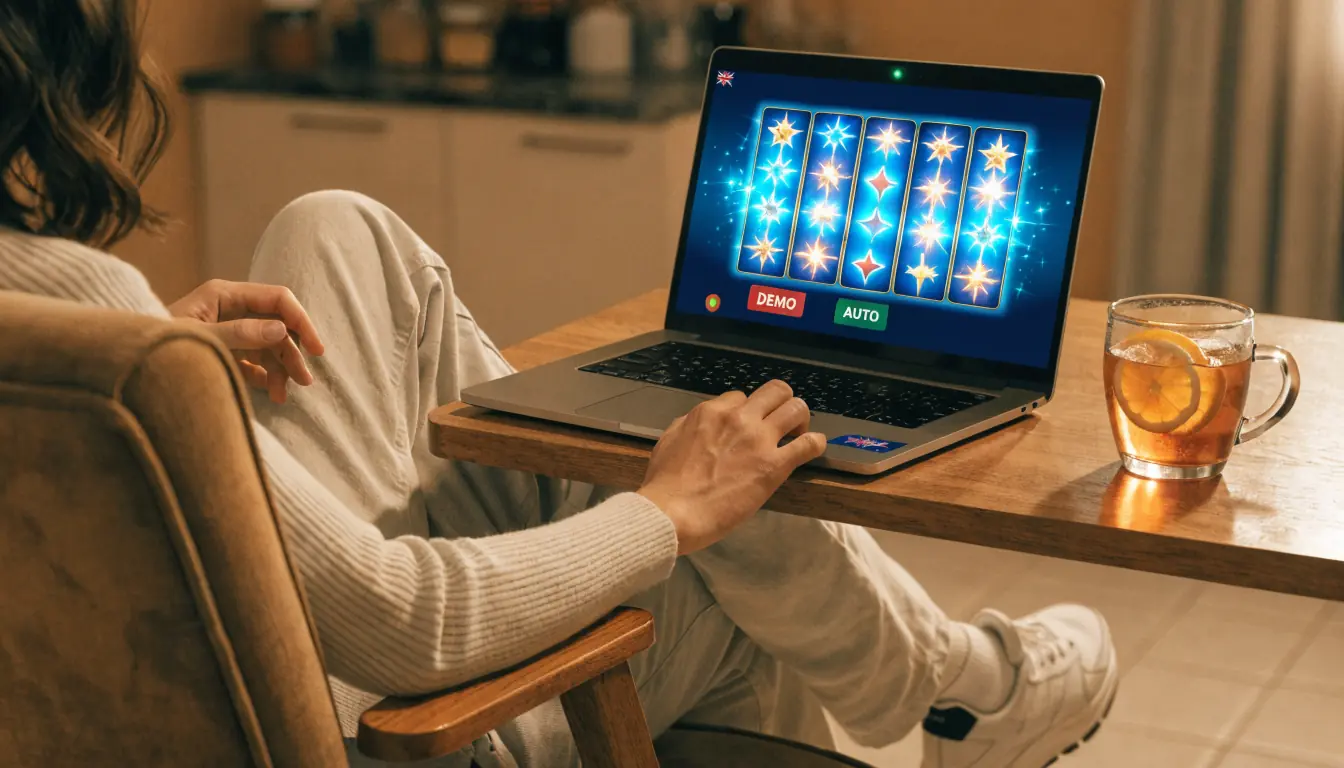 Laptop showing demo slot game, no money symbols