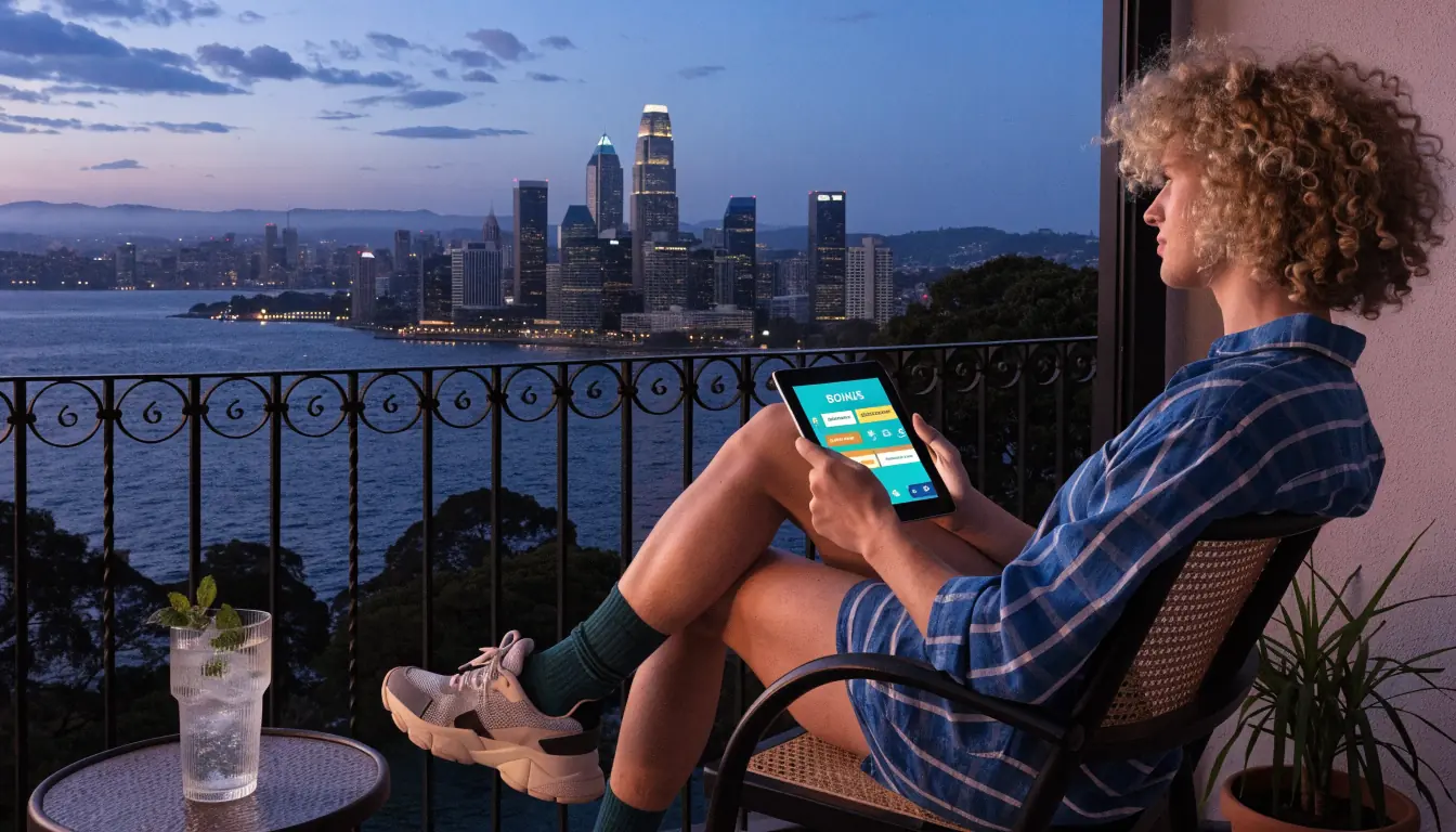 Australian on balcony viewing bonus on tablet