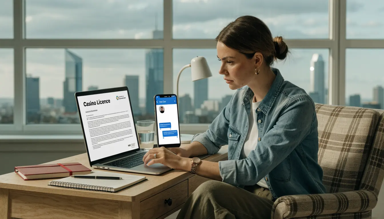 Professional reviewing casino licence on laptop and phone