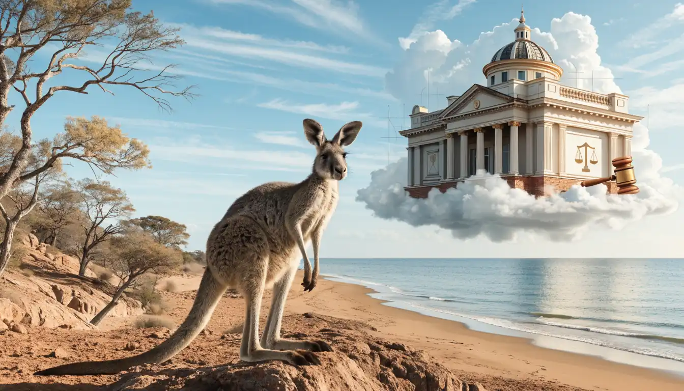 Kangaroo near offshore casino with legal symbols