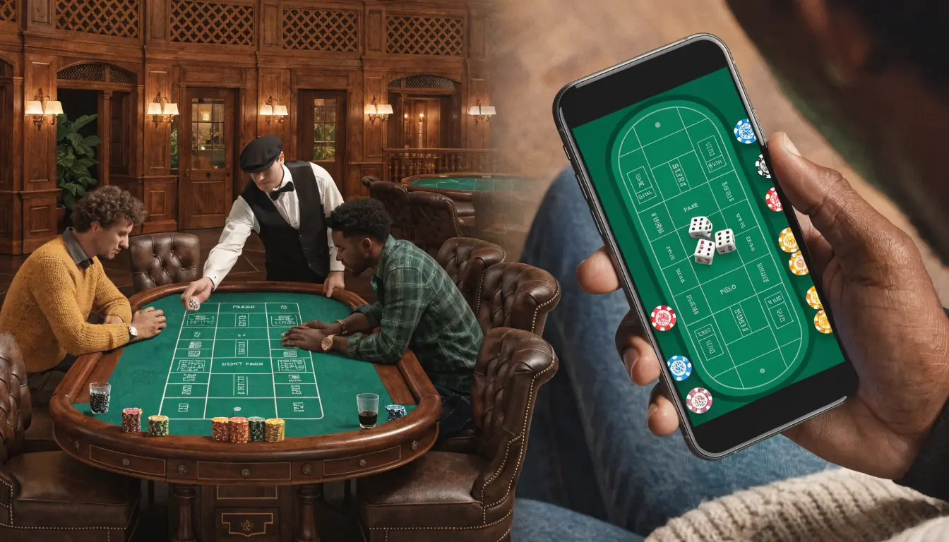 Split scene: casino table vs mobile craps game