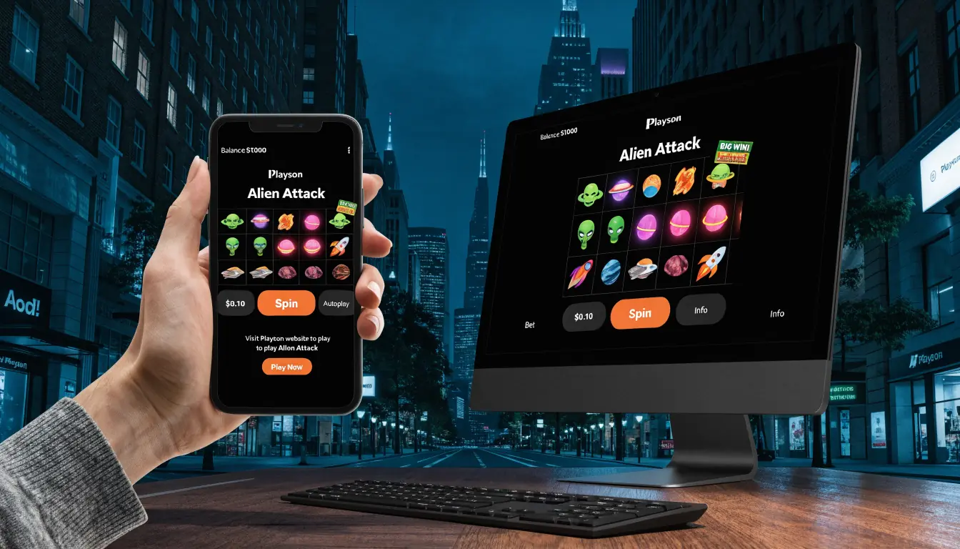 Smartphone and desktop displaying the same slot game side by‑side.
