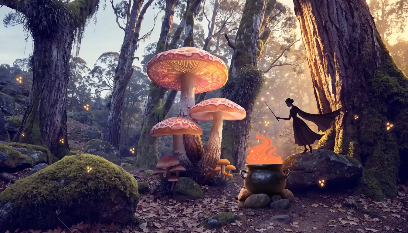Enchanted forest with fairy wand, glowing mushrooms and bubbling cauldron