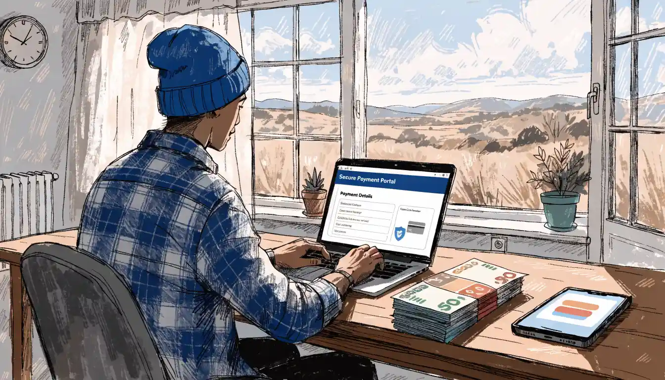 Home office showing laptop payment screen, e‑wallet phone, outback view
