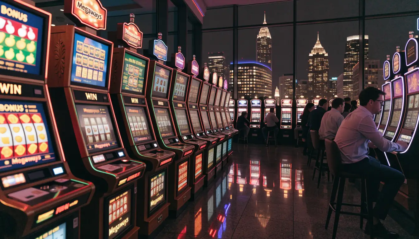 Nighttime Adelaide casino interior with mixed vintage and modern slot machines