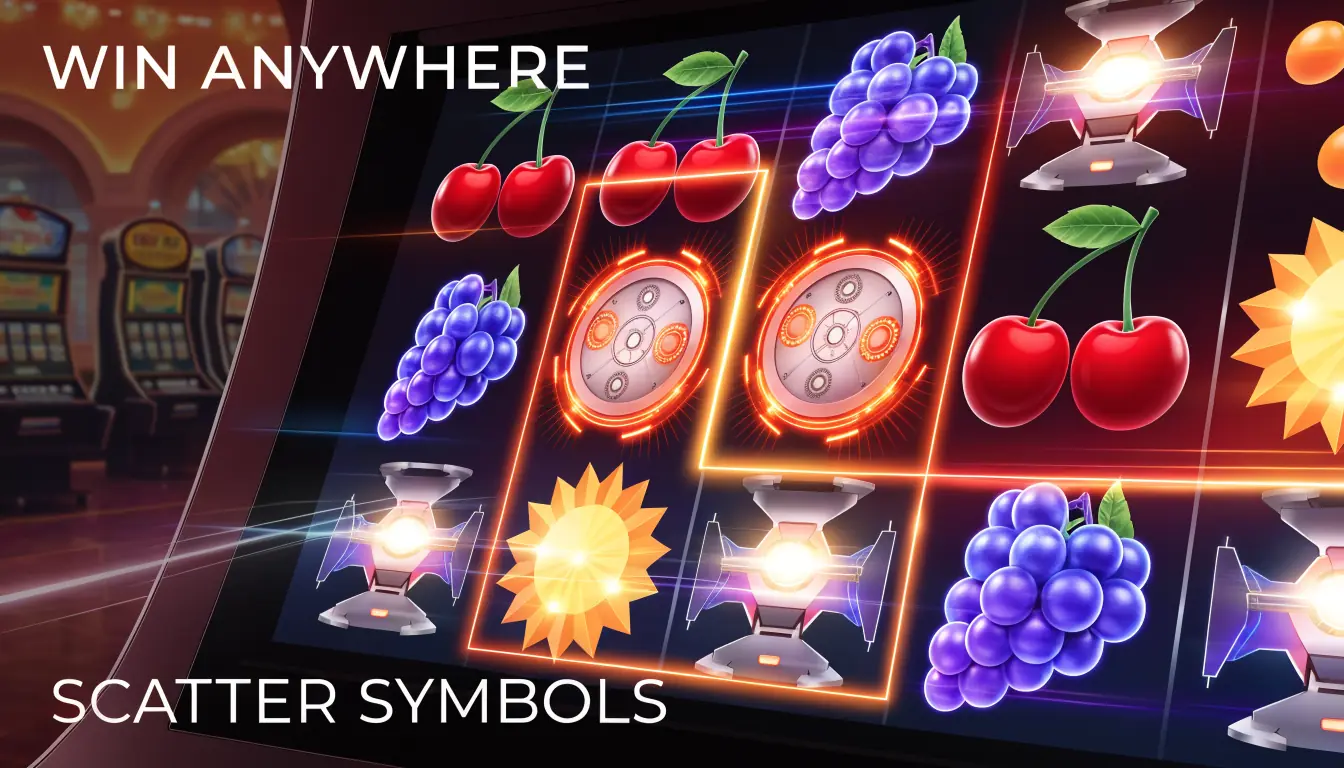 Slot machine grid with scattered symbols and glowing win highlights