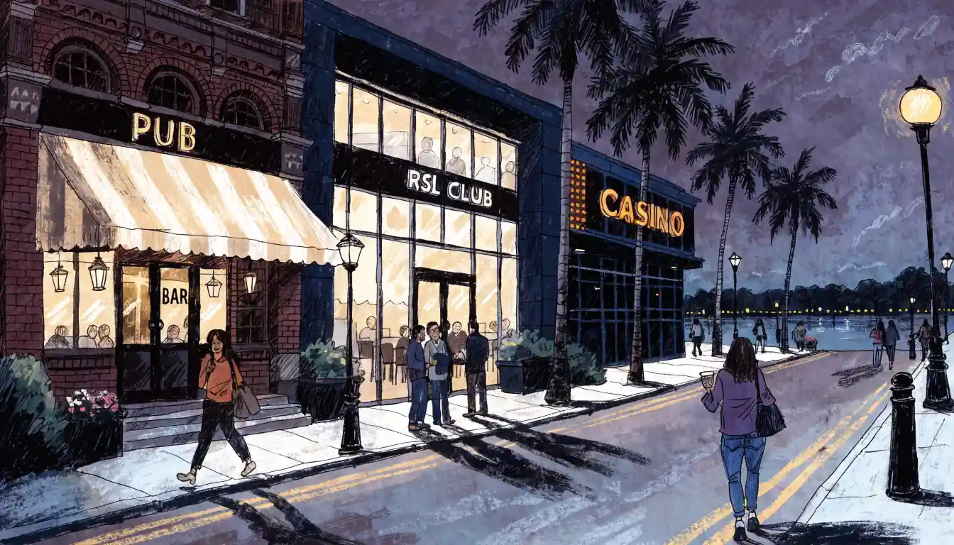 Nighttime Brisbane street with pub, club, and casino