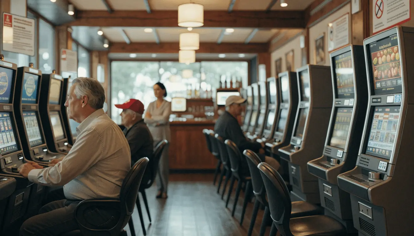 Club gaming room with pokie machines and harm‑minimisation signs
