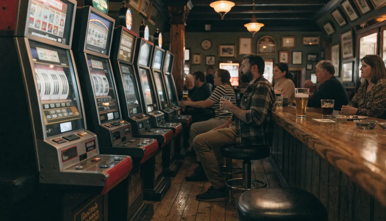Cozy Geelong hotel pub interior with colorful slot machines