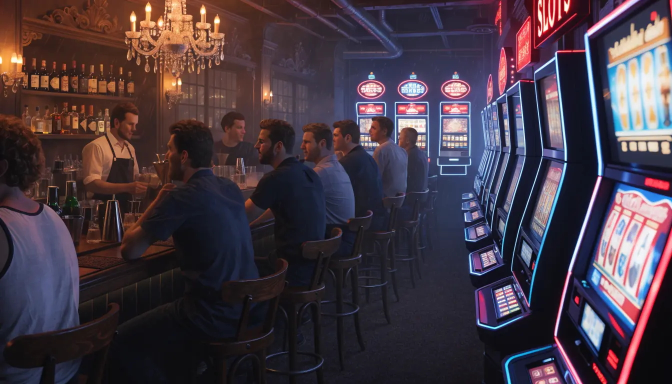 Nighttime club lounge in NSW with active slot machines and patrons