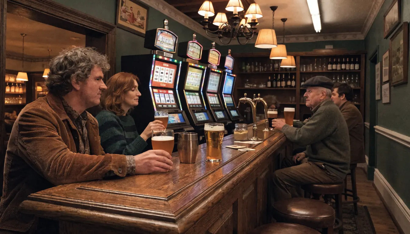 Cozy pub interior with slot machines and patrons
