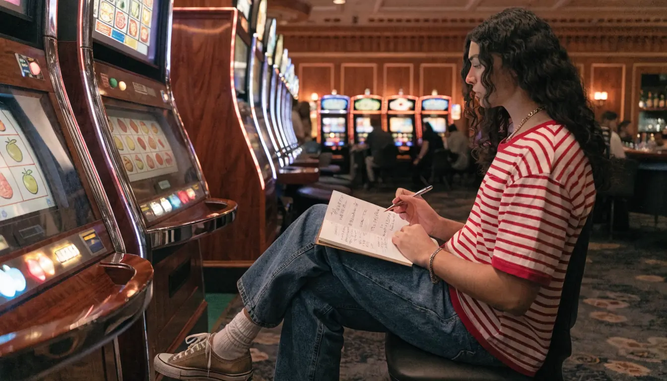 Player budgeting session at a slot machine with notebook