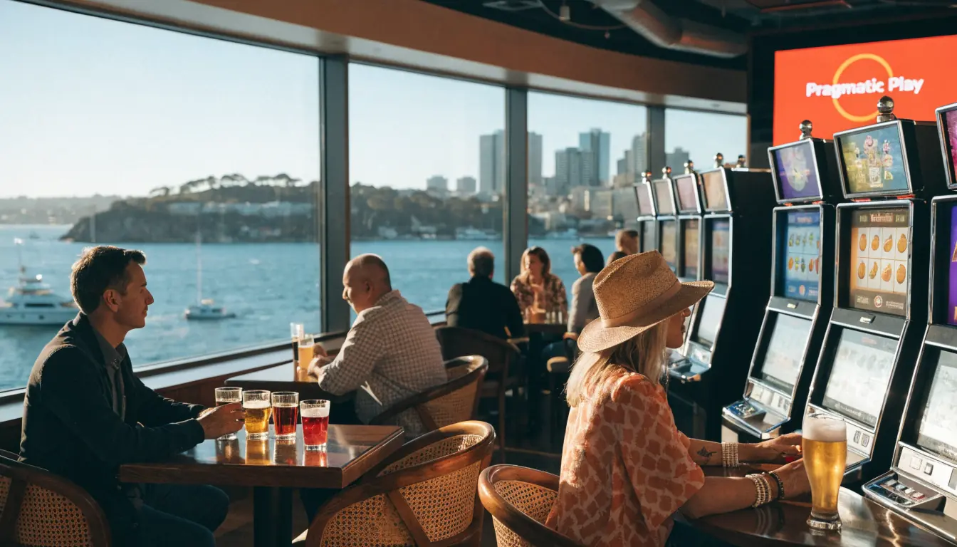 Australian casino lounge with slot machines and harbour view