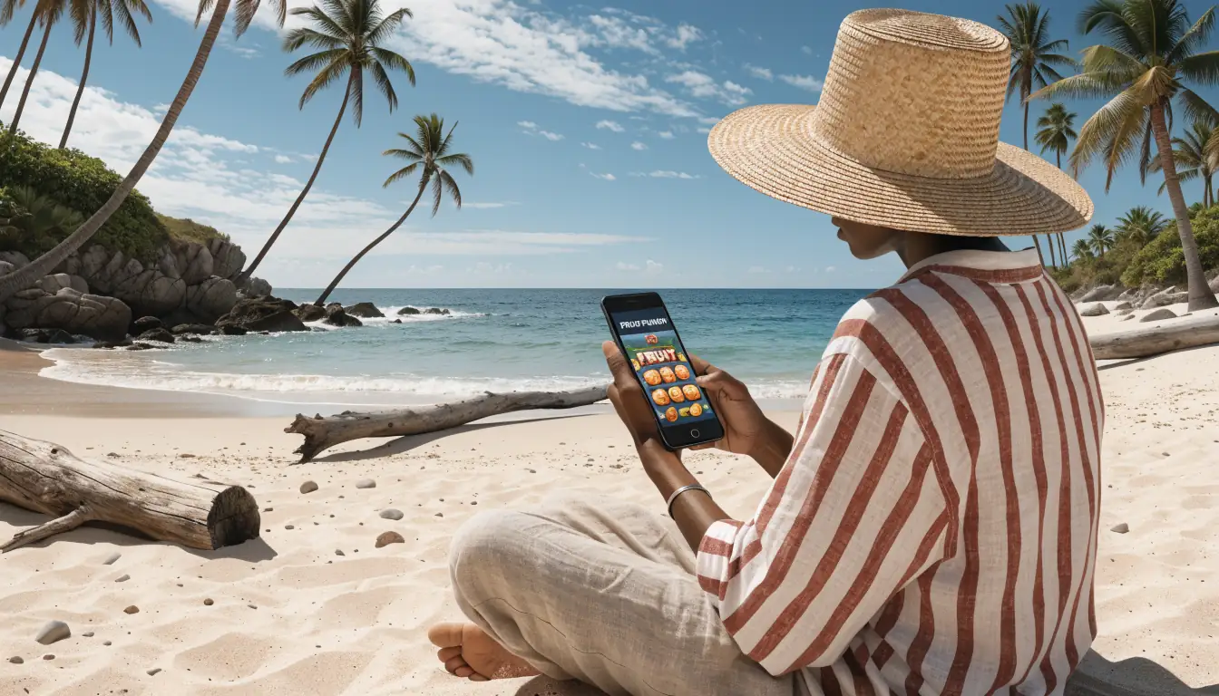 Person playing slot game on smartphone at Australian beach