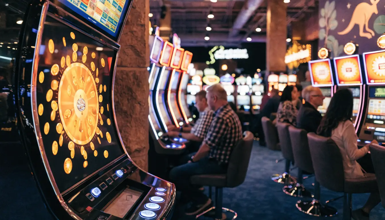 Australian casino lounge with glowing slots and flying jackpot coins