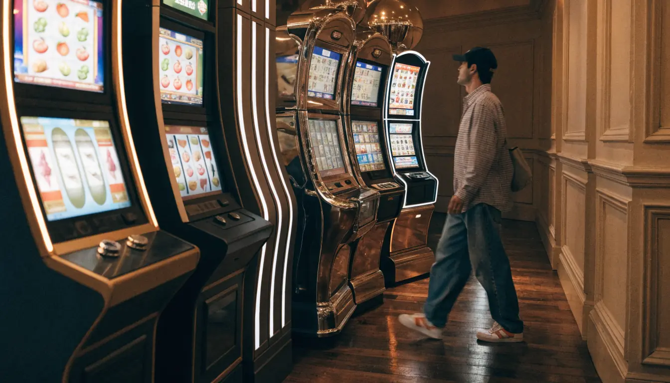 Player walking past varied slot machines in an Australian casino