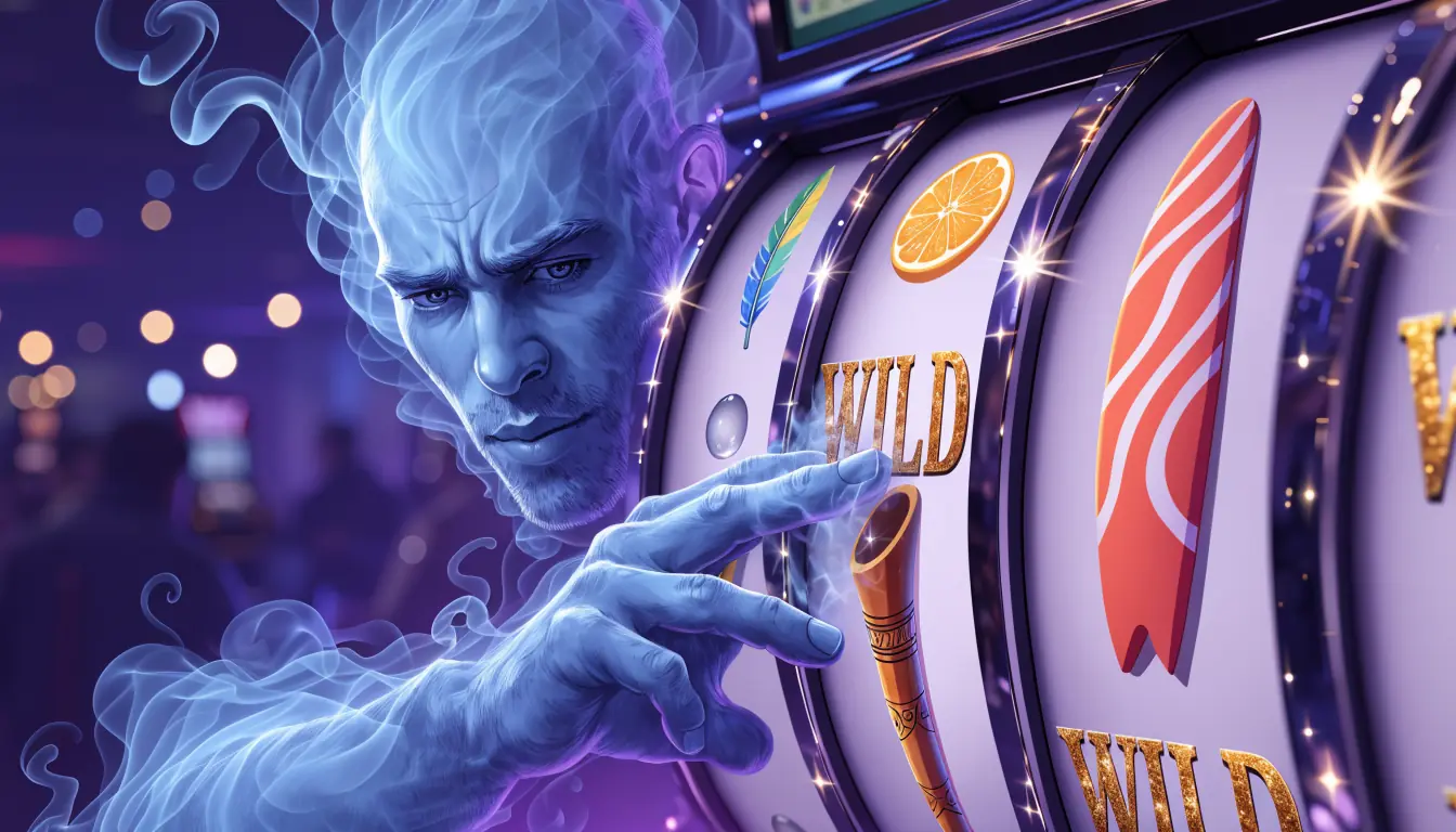 Genie touching slot reels, turning symbols into wilds