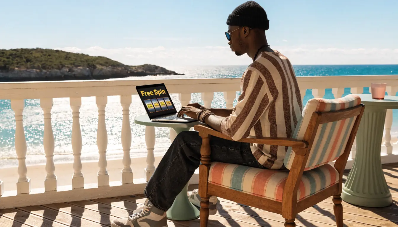 Player on balcony with laptop showing free‑spin slot reels