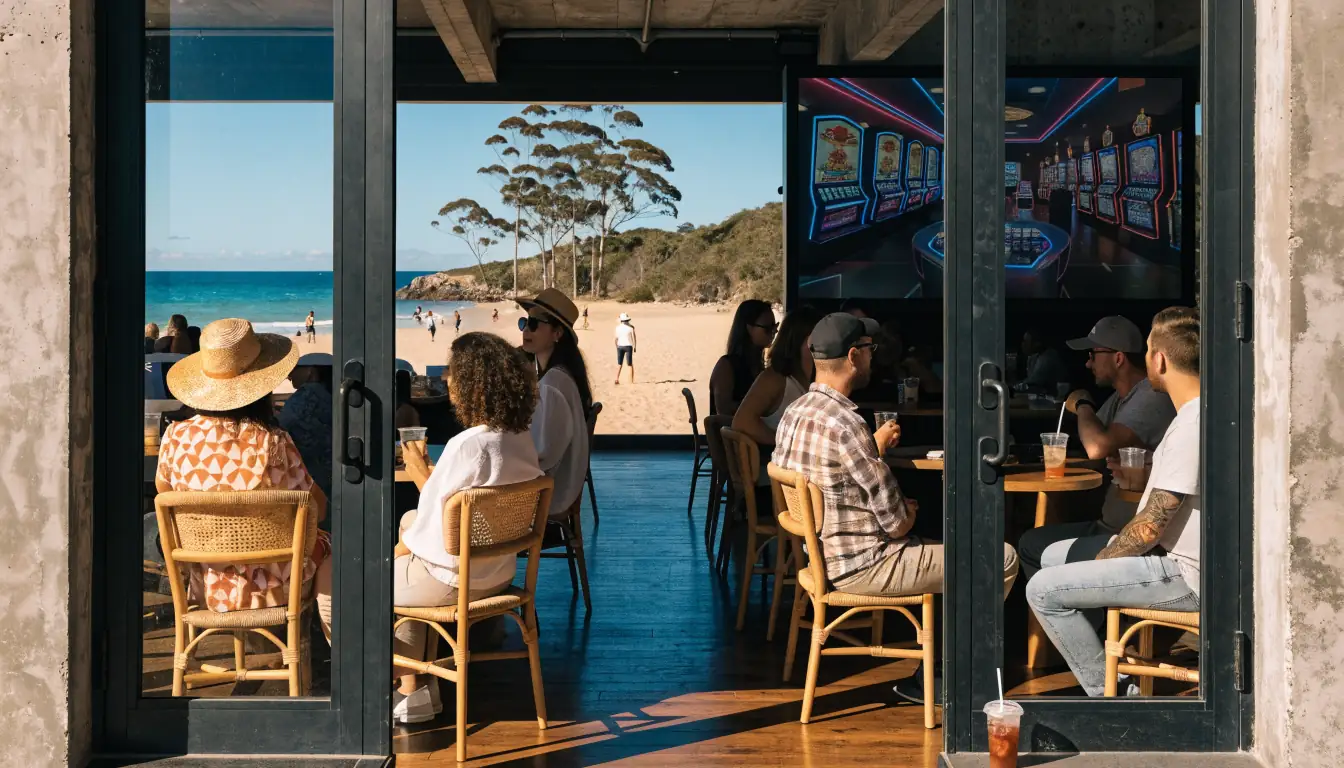 Australian beach café with digital casino screen and relaxed patrons