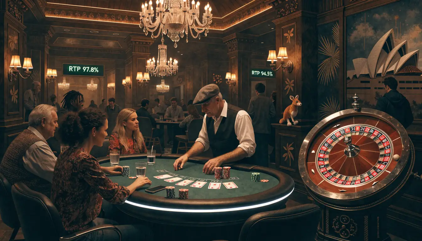 Casino floor with blackjack, roulette and Australian décor