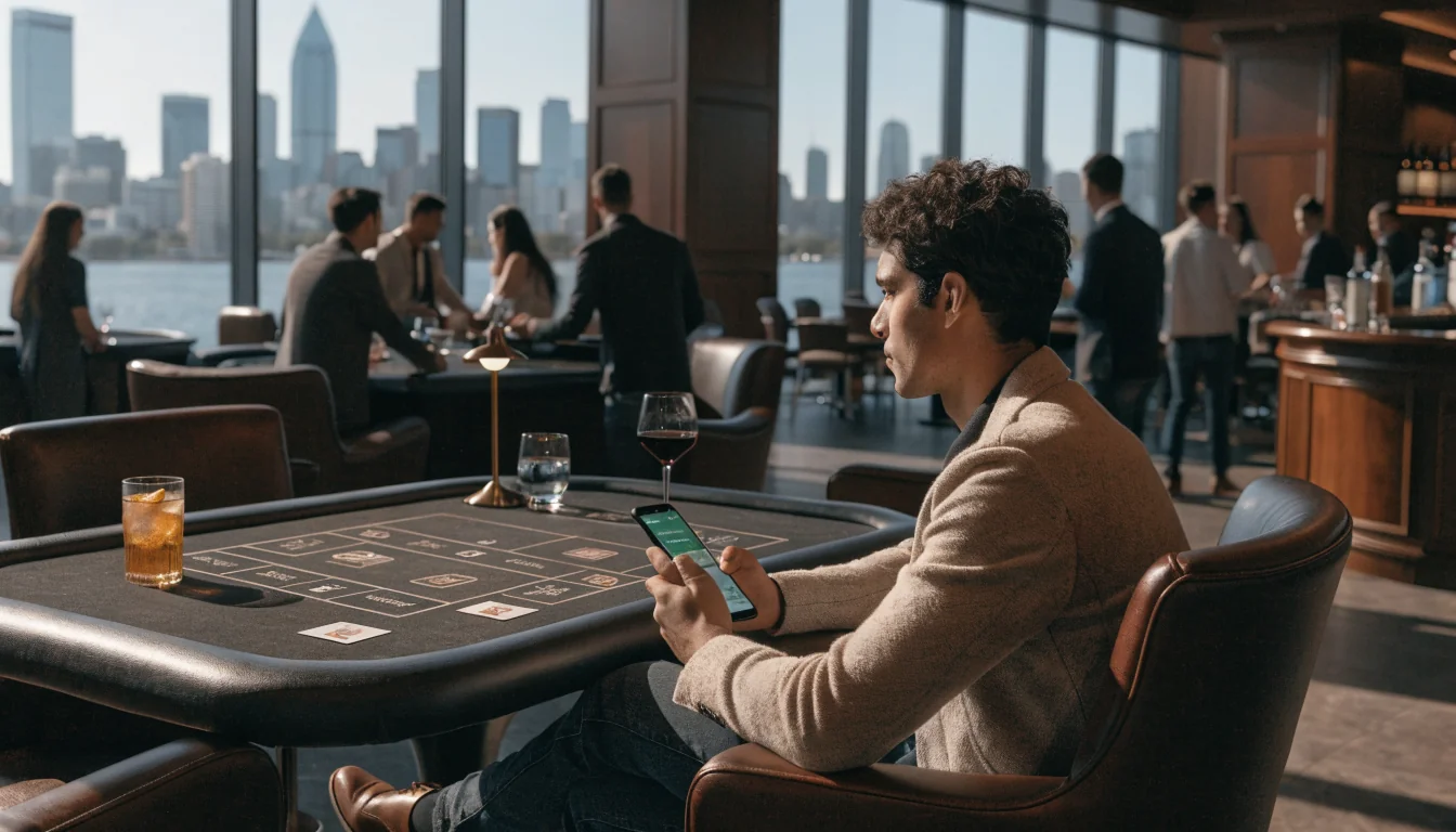 Player using mobile casino app in Australian casino lounge