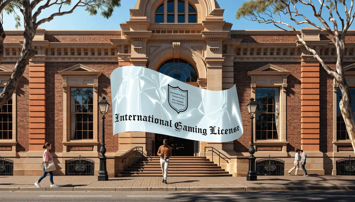 Australian casino front with floating licence certificate