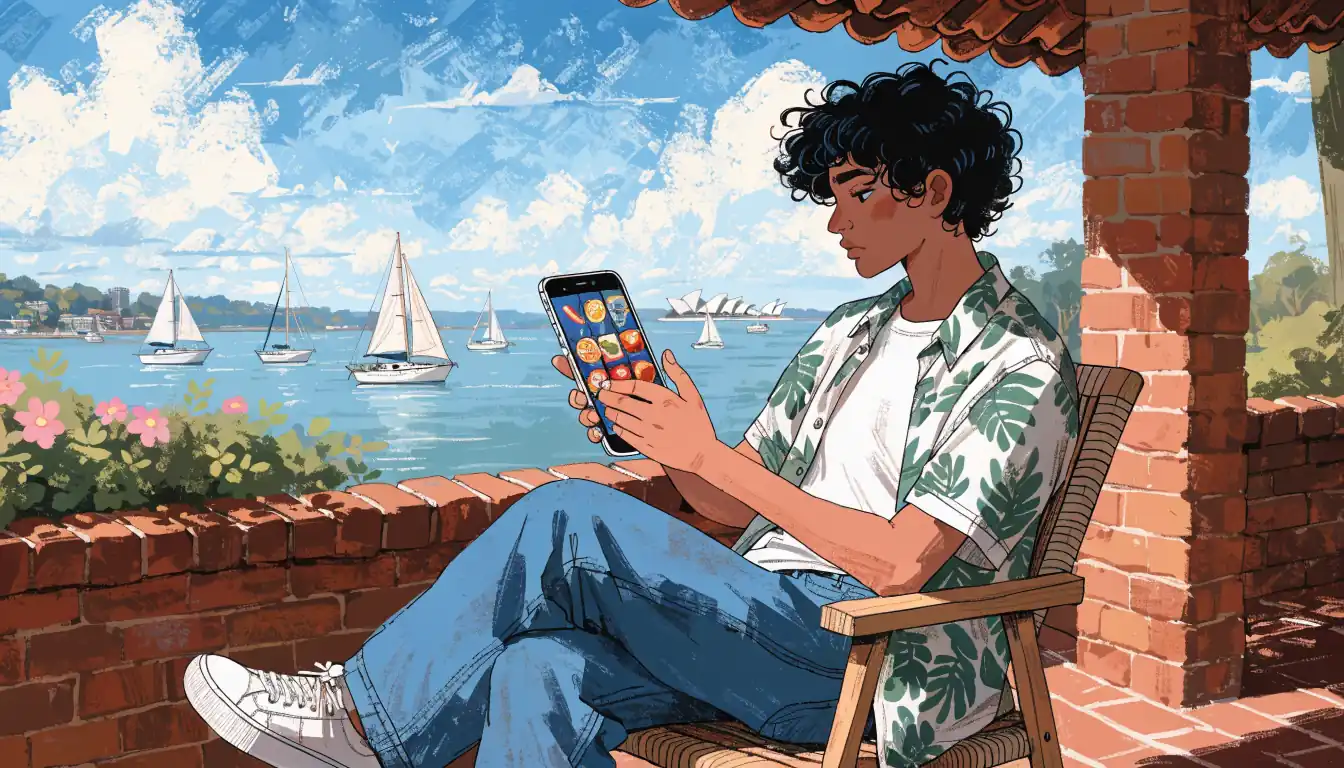 Person on balcony holding phone playing 3D slot