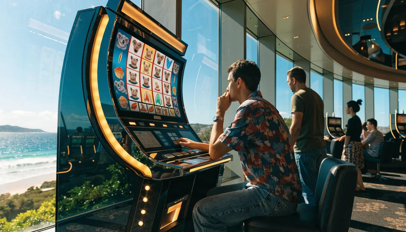 Australian casino slot machine with beach view background