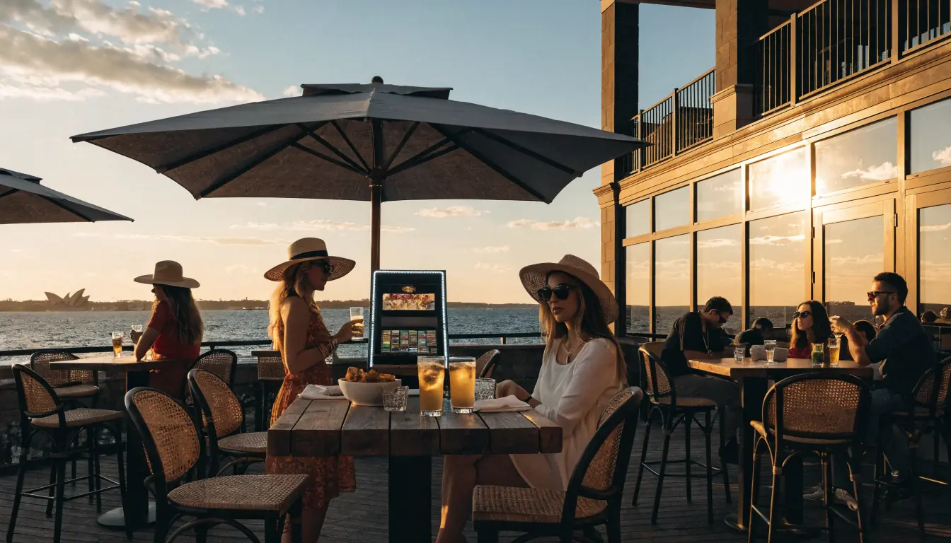 Australian beachfront casino with glowing slot machine at sunset